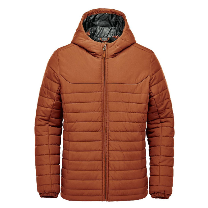 A rust-coloured quilted hoody featuring a zip closure and a hood, with a contrasting inner lining and a logo.