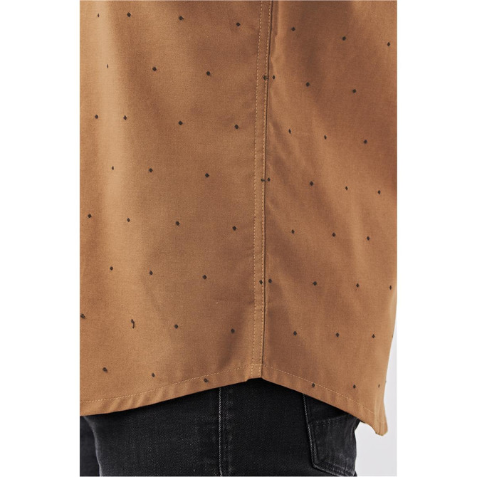 A close-up of a brown button-up shirt with a subtle pattern and a logo. The shirt features a straight hemline.