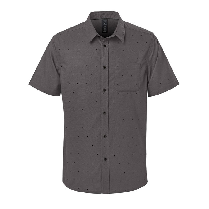 A short-sleeve, button-up men's shirt in grey featuring a dotted pattern and a chest pocket. It has a logo.