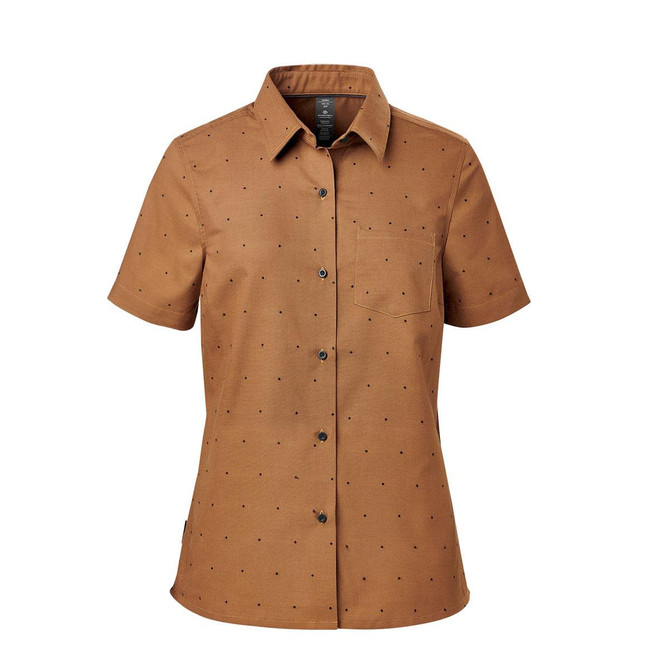 A short-sleeved women's button-up shirt in a brown fabric with small pattern accents and a chest pocket. Features a logo.