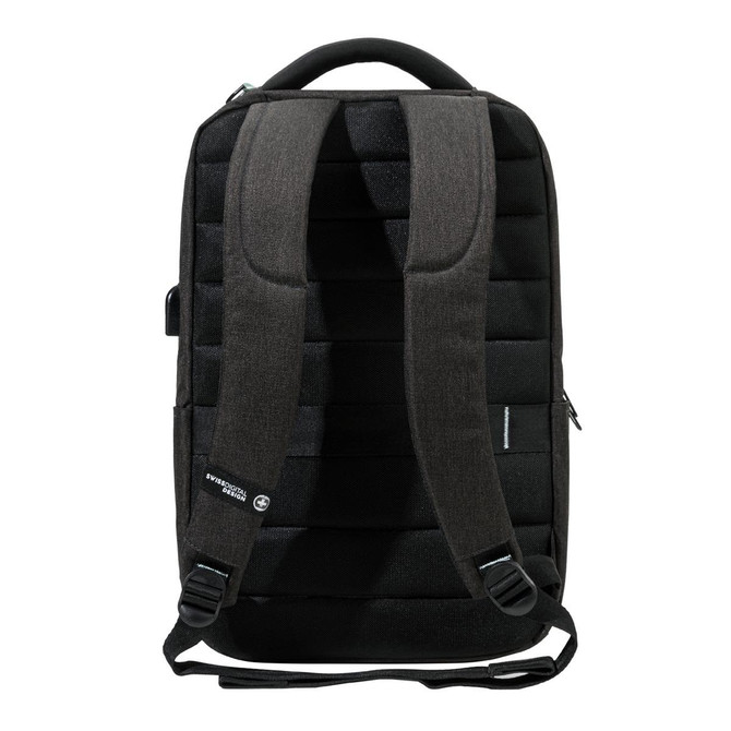 A black Swissdigital Arosa Backpack featuring padded straps and a sleek design, with a branding logo on the side.