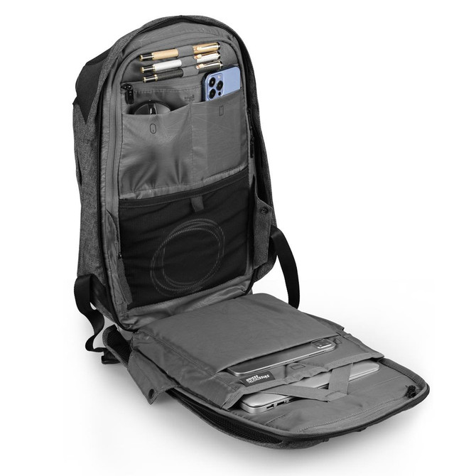 A grey backpack with multiple compartments, including space for a laptop and pockets for pens and a phone.