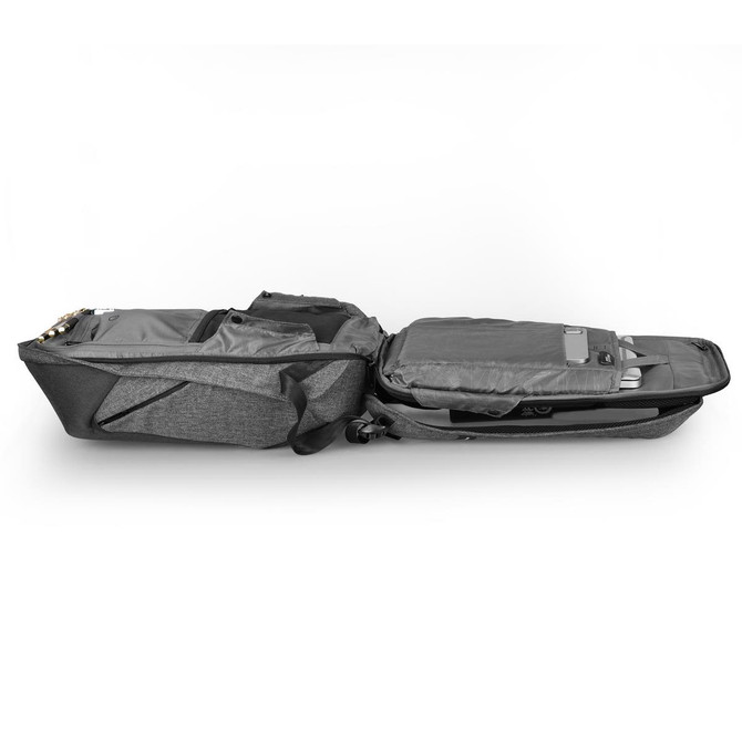 A grey Swissdigital Cosmo 3.0 Backpack with multiple compartments and a padded section for a device.