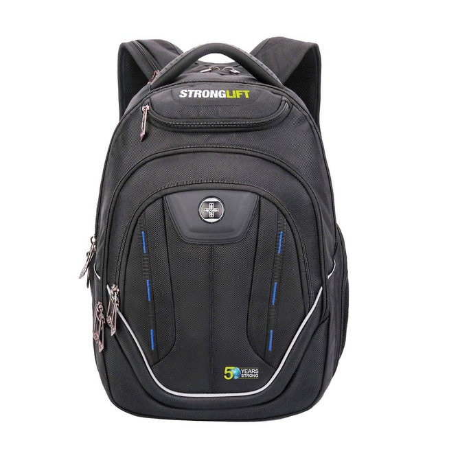 A black backpack featuring blue accents, multiple zippers, and a logo on the front.