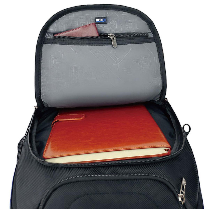 A black backpack with an open compartment containing a red notebook and a leather folder. It features an RFID pocket.