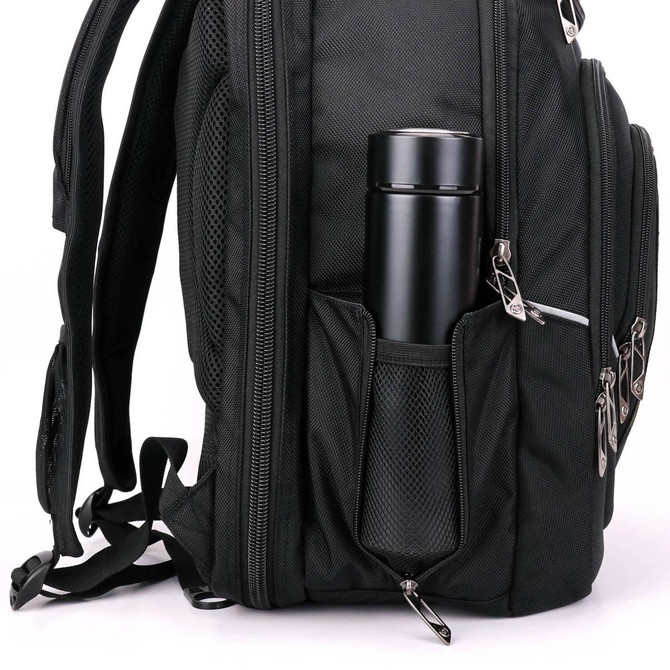 A black backpack with a drink bottle secured in a side pocket, featuring zippers and adjustable straps.