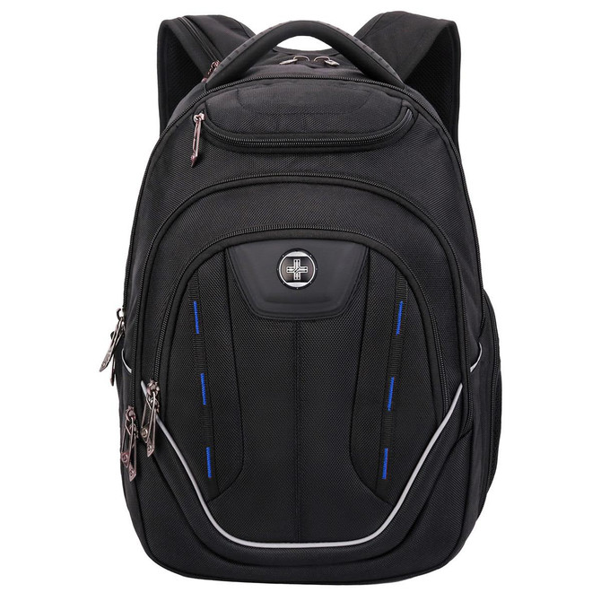 A black backpack with multiple compartments, zippers, and a logo on the front. Features blue accents for design.