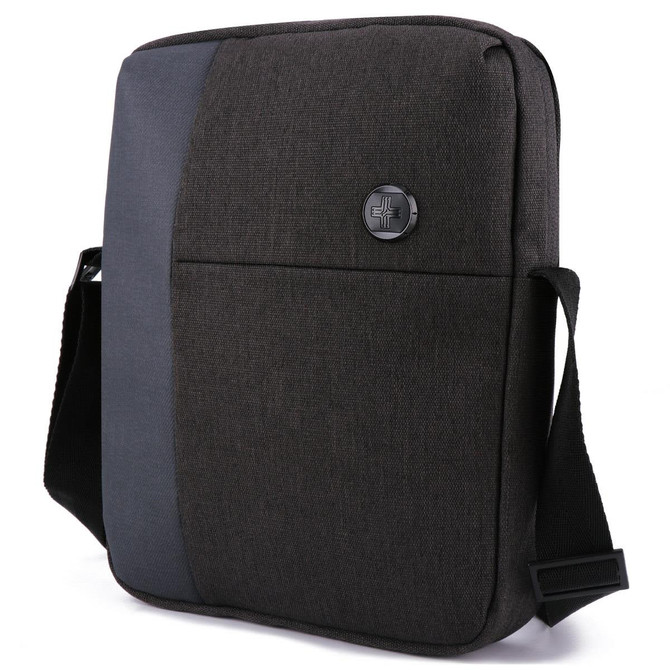 A laptop shoulder bag in dark grey fabric, featuring a sleek design and a logo on the front.