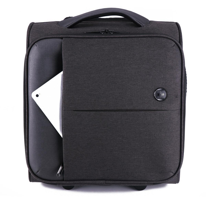 A dark grey wheeled bag with a front pocket, featuring a rounded handle and a logo.