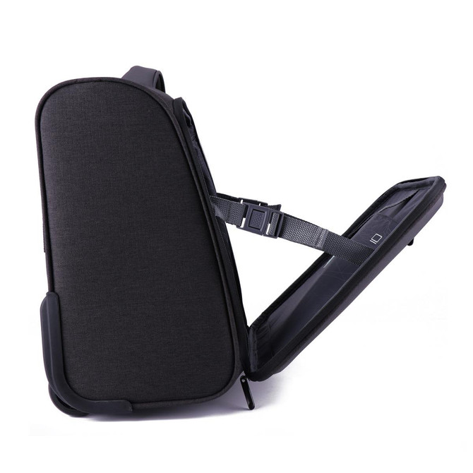 A wheeled underseat luggage bag in black, featuring a side view with an open compartment and adjustable strap.
