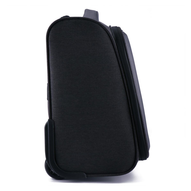A black wheeled underseat luggage bag with a sleek design and a side view showcasing its compact shape.