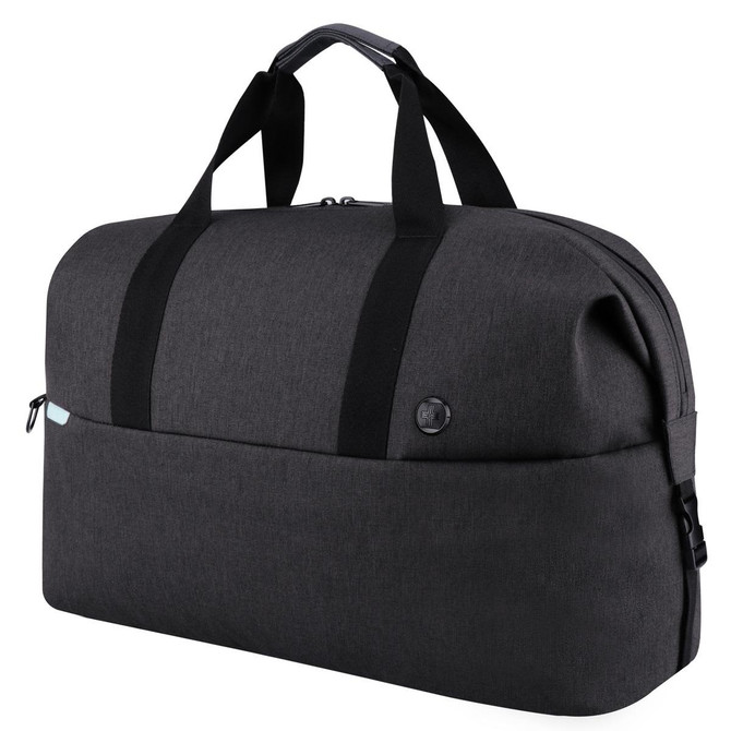 A dark grey duffle bag with black straps, featuring a logo and a zippered closure.