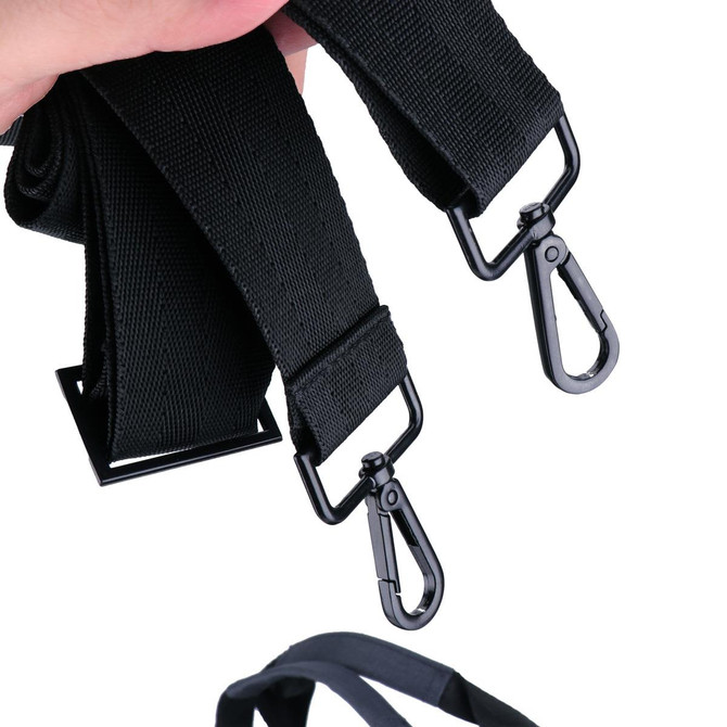 A black duffle bag strap with metal clips and adjustable length. Features a sturdy design.