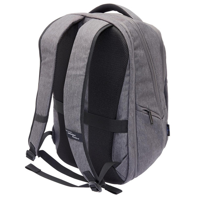 A grey backpack with padded straps and mesh panels, featuring a zippered side pocket and a logo.