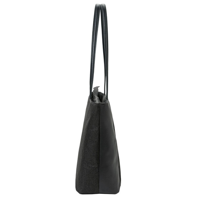 A sleek black tote bag with long handles, featuring a modern design and a subtle logo.