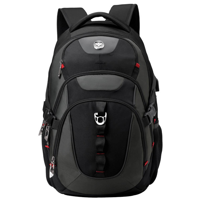 A black and grey Swissdigital Vector Backpack with several compartments and a logo on the front.