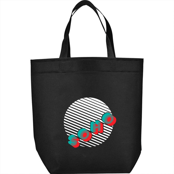 A black reusable grocery bag with a logo featuring red and teal lettering on a white striped circle.