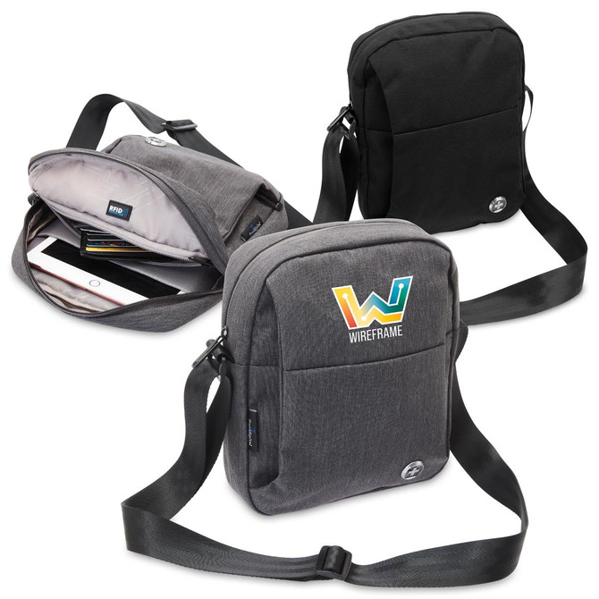 A grey shoulder bag with a logo, featuring one main compartment and an adjustable strap.