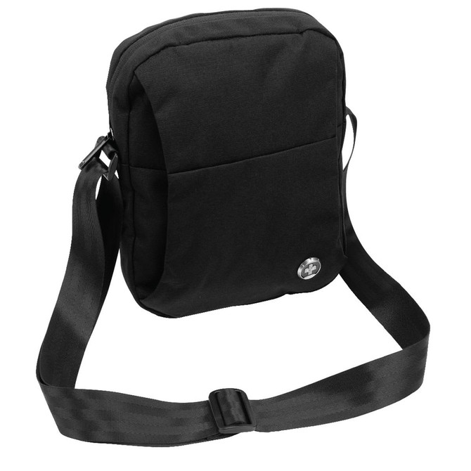 A black shoulder bag with a single adjustable strap and a front pocket. It features a logo on the front.