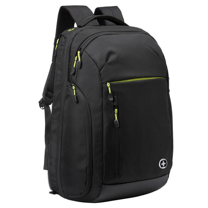 A black backpack with green accents, featuring multiple zippers and a logo on the side.