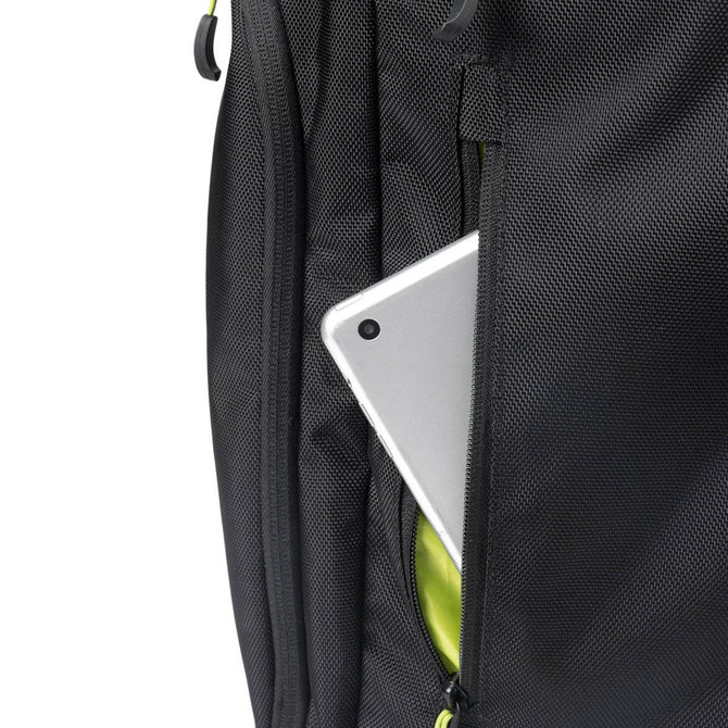 A silver tablet peeks out from the side pocket of a black Swissdigital Java Backpack.
