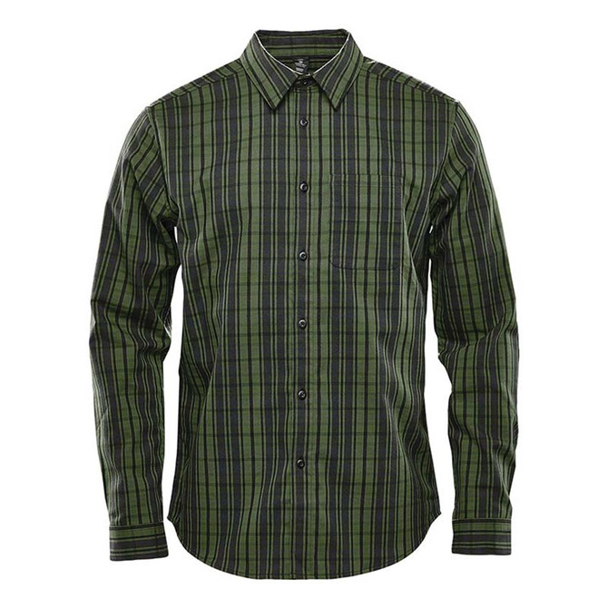 A green plaid long sleeve shirt with a button-up front and a single chest pocket. It features a logo on the fabric.