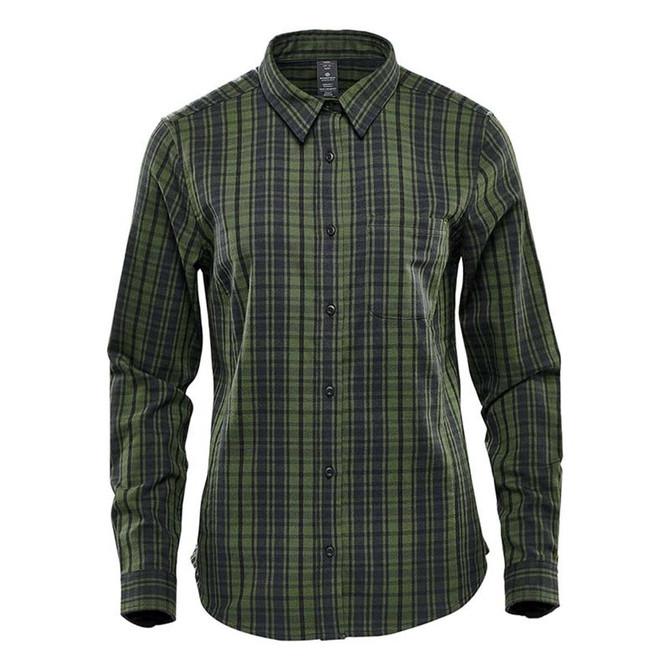 A green and navy checked long sleeve button-up shirt for women, featuring a collar and a single chest pocket.