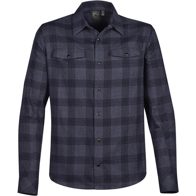 A men's button-up shirt in a black and grey checkered pattern, featuring a snap front and chest pockets.