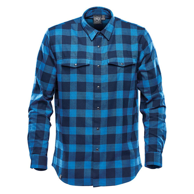 A blue and black checkered button-up shirt featuring a snap front and two chest pockets. It has a logo on the label.