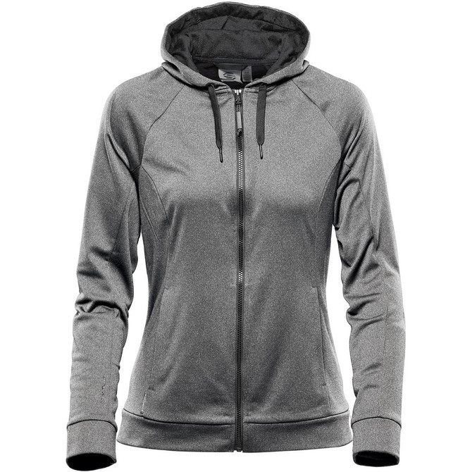 A grey women's hoody features a zip front, adjustable hood, and has a logo. Perfect for casual wear.
