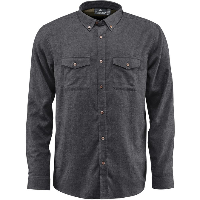 A dark grey button-up shirt with two chest pockets and a logo on the collar.