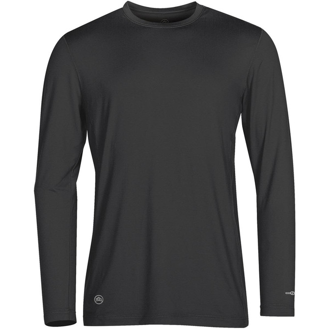 A long-sleeve men's T-shirt in black with a logo on the hem. Made from moisture-wicking fabric.