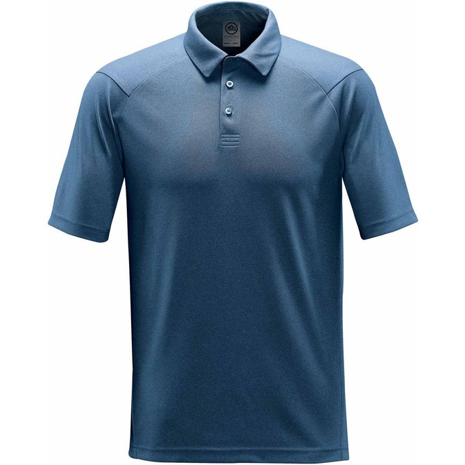A heathered blue polo shirt with a three-button placket and a logo on the chest.