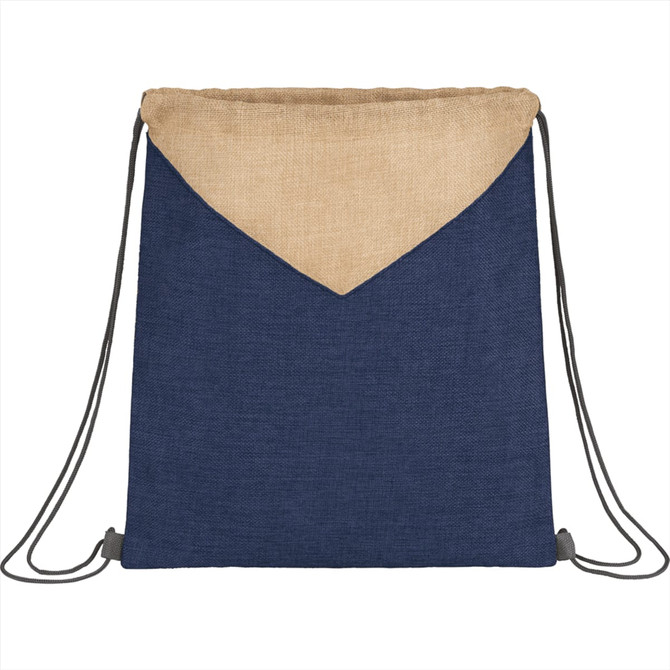 A navy blue drawstring bag with a beige top section and grey cords. Features a logo on the front.