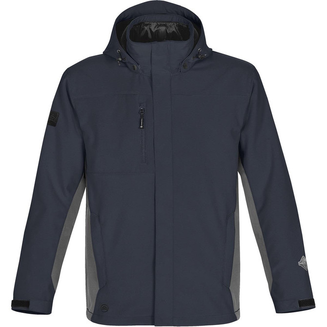 A dark grey men's jacket with a hood, featuring contrasting lighter grey panels and a logo on the sleeve.