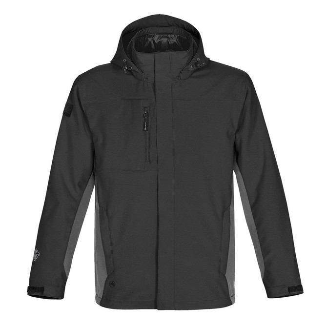 A black jacket with a hood, featuring a zip pocket and side panels, and a logo on one sleeve.