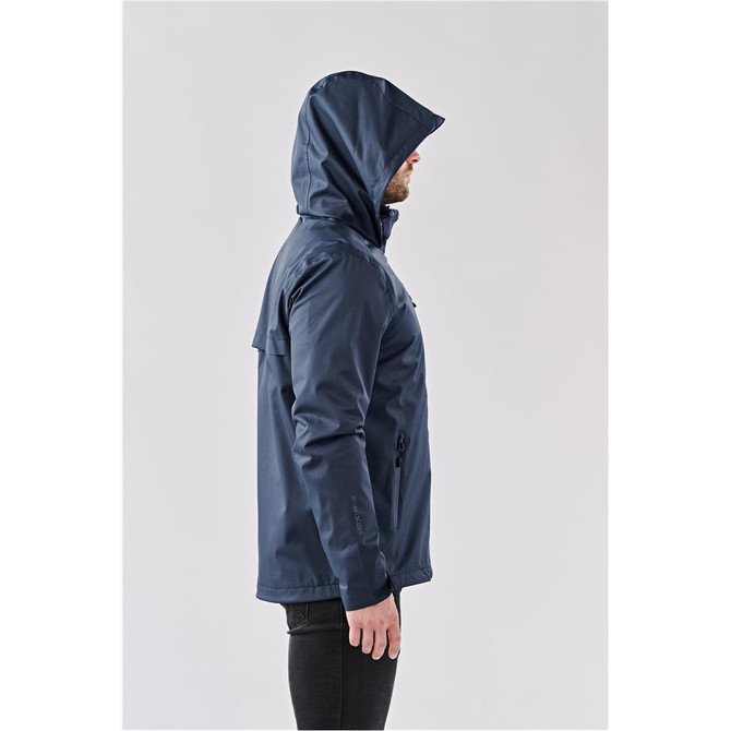 A lightweight navy rain jacket featuring a hood and a logo, shown from the side.