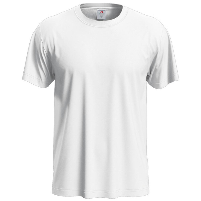 A white classic T-shirt with a round neck and short sleeves, featuring a logo on the tag inside.