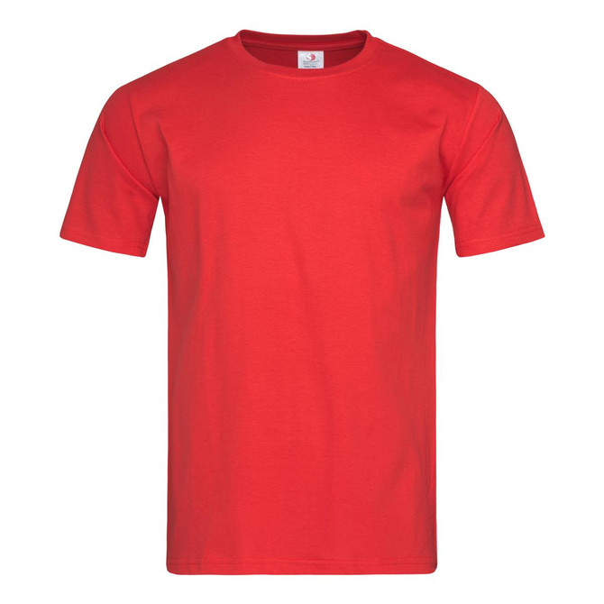 A red fitted t-shirt with short sleeves and a crew neck, featuring a logo on the label.