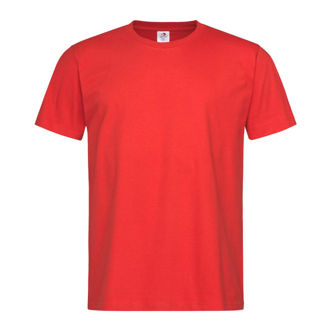 A red heavyweight crew neck t-shirt with short sleeves and a tag inside the collar. It features a logo.