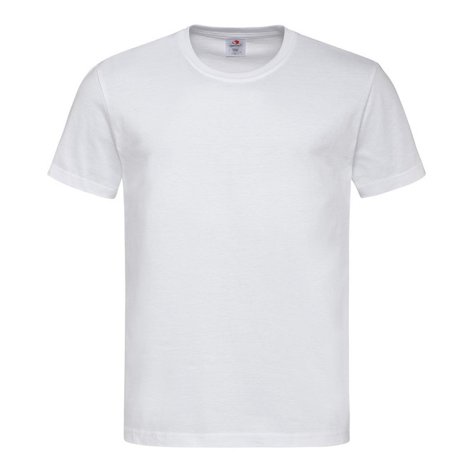A plain white heavyweight comfort T-shirt with a crew neck and short sleeves. It features a logo tag on the neckline.