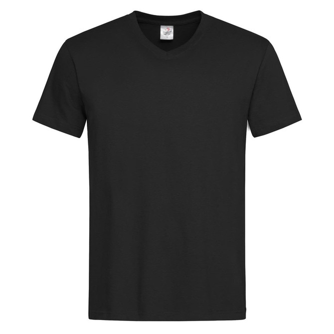 A black Men's Classic-T V-neck t-shirt featuring a short sleeve design. Includes a logo on the neckline.
