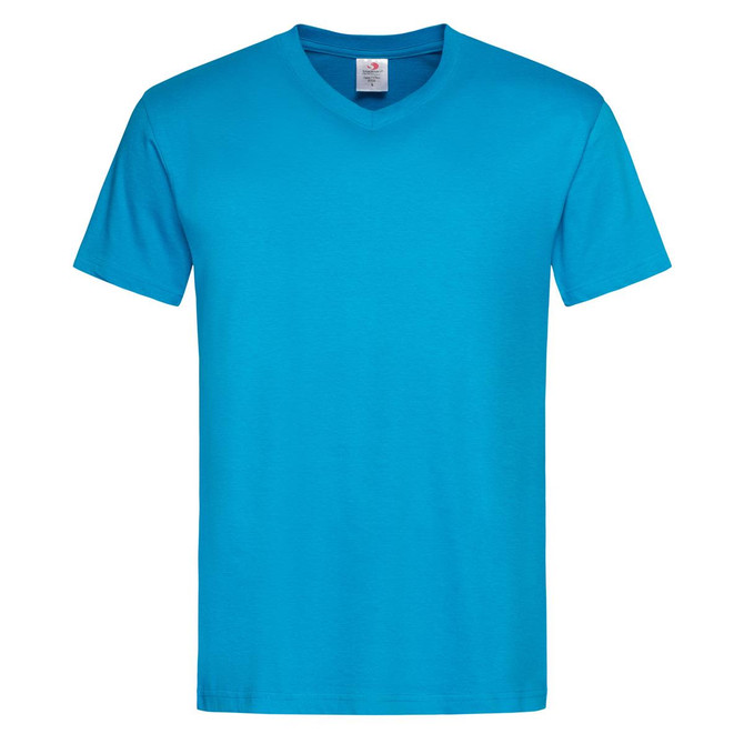 A blue men’s classic V-neck T-shirt with short sleeves and a label inside. It features a logo on the tag.