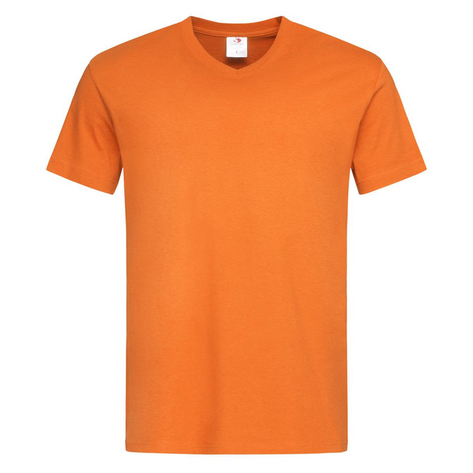 An orange V-neck T-shirt with short sleeves, featuring a label and a logo on the neckline.