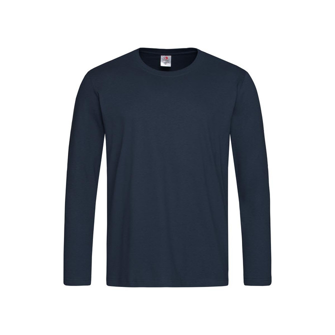 A long sleeve T-shirt in navy blue, featuring a classic crew neckline and a logo at the neck.