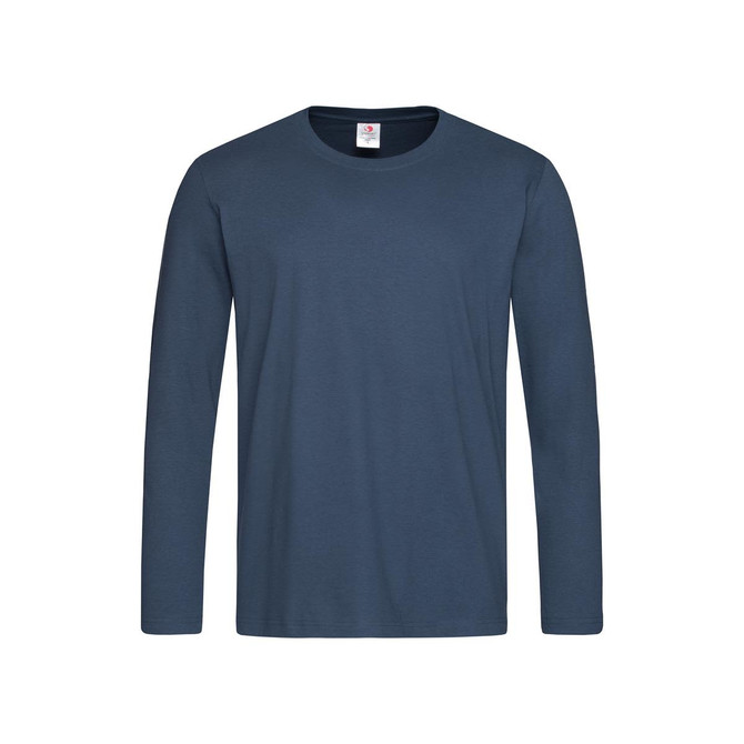 A long sleeve T-shirt in a navy blue colour, featuring a round neck and a logo on the label.