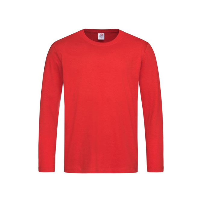 A red long sleeve T-shirt with a round neckline and a logo on the label.