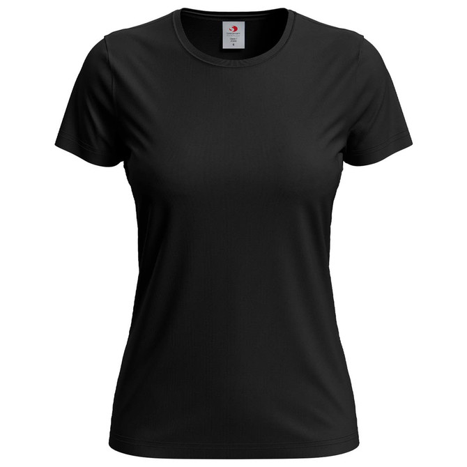 A black Women's Classic T-shirt featuring short sleeves and a round neckline, with a logo on the label.