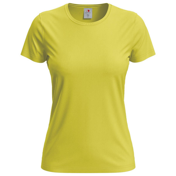 A women's classic t-shirt in bright yellow with a crew neckline and short sleeves. It features a logo on the label.