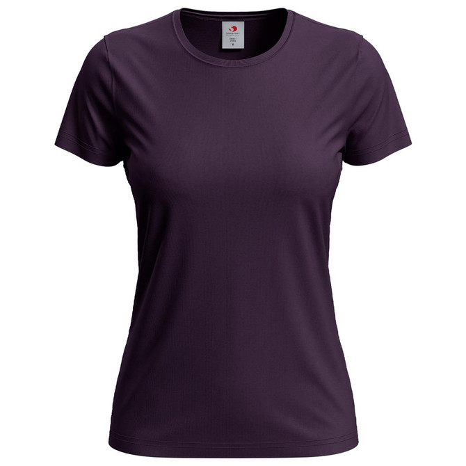 A women's classic t-shirt in dark purple, featuring a round neck and short sleeves, with a logo on the label.